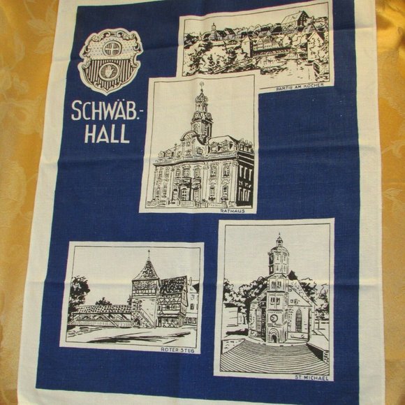 Vintage Blue Kitchen Towel SCHWAB HALL RATHAUS Germany - Picture 1 of 8